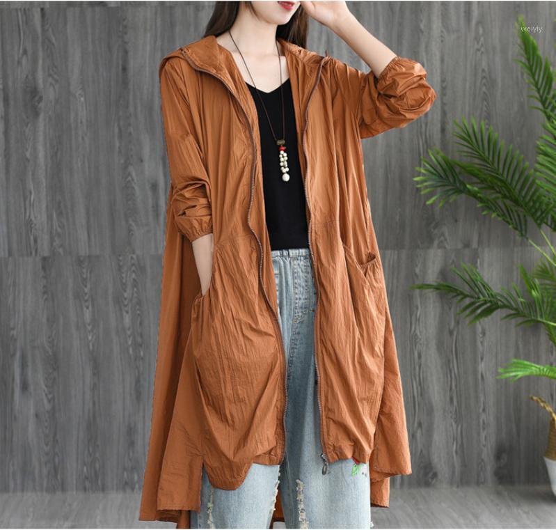 

Women's Jackets Summer Coat Women Large Size Loose Retro Sunscreen Tops Hooded Zipper Pocket Casual Ladies Fashion Overcoat 2021, Green