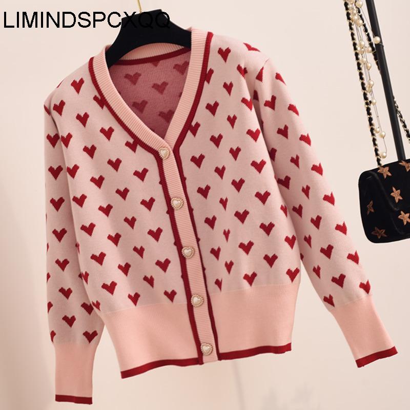 

Women' Knits & Tees Preppy Style Pink Heart Knit Cardigans Intarsia Sweater Womens V Neck Loose Elegant Thicken Pull Femme Casual Coat Long, Black