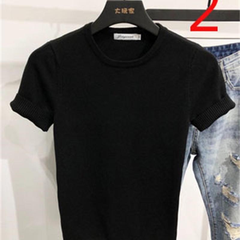 

2021 New Short-sleeved T-shirt Ice Silk Round Neck Embroidery Men's Tight Black and White Striped Half Sleeve Summer 6ily