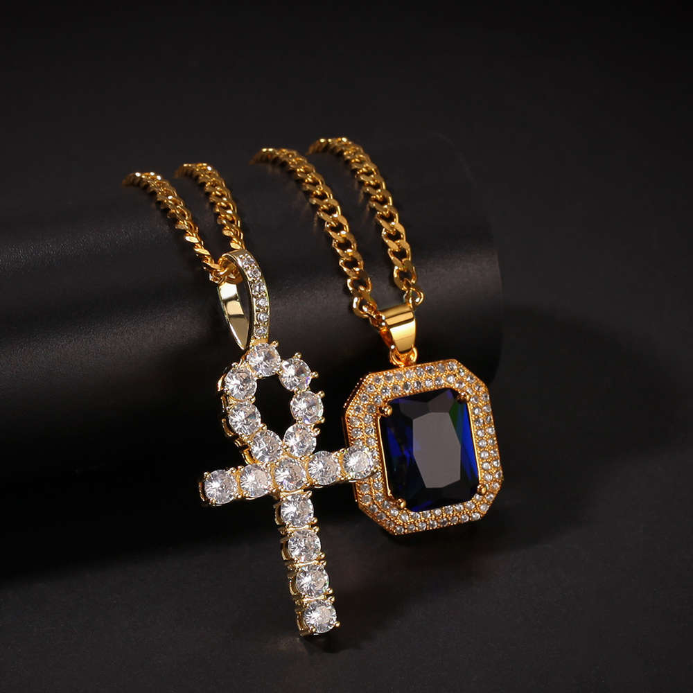 

Popular hip hop zircon Anhe cross red and blue Pendant Set
