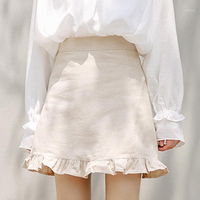 

Skirts 2021 Summer Sweet Ruffle Mini Skirt Women Casual Solid A-line Short Vintage High Waist Cotton Color, Orange skirt