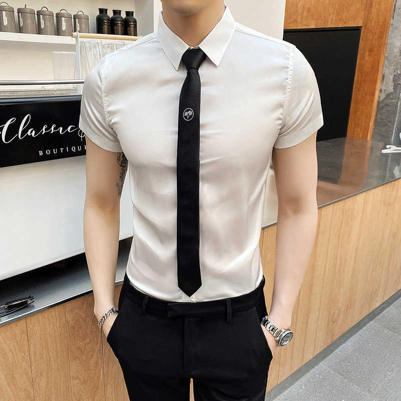 

Summer Men Shirt White Business Formal Dress Shirts Short Sleeve Casual Slim Fit Streetwear Social Blouse Chemise Homme 4XL 210527