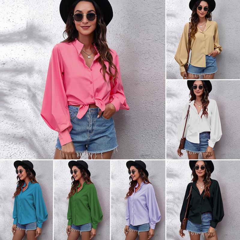 

Women's Blouses & Shirts Elegant Casual Solid Color Shirt Spring Autumn 2022 Stand Collar Long Lantern Sleeve Open Stitch Blouse Female Clot, White