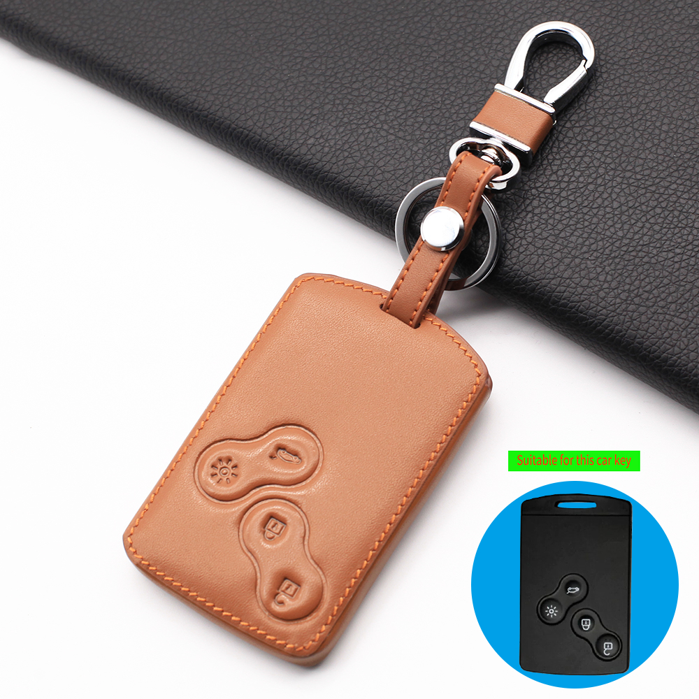 

Leather keychain key case holder for renault clio scenic megane duster sandero captur twingo koleos 4 buttons protector cover, Brown