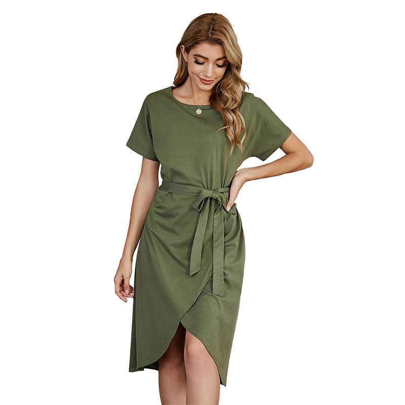 

Solid Color O Neck Short Sleeve Bandage Cross Hem Dress Women Casual Elegant Temperament Office Streetwear Dresses 210608, Army green