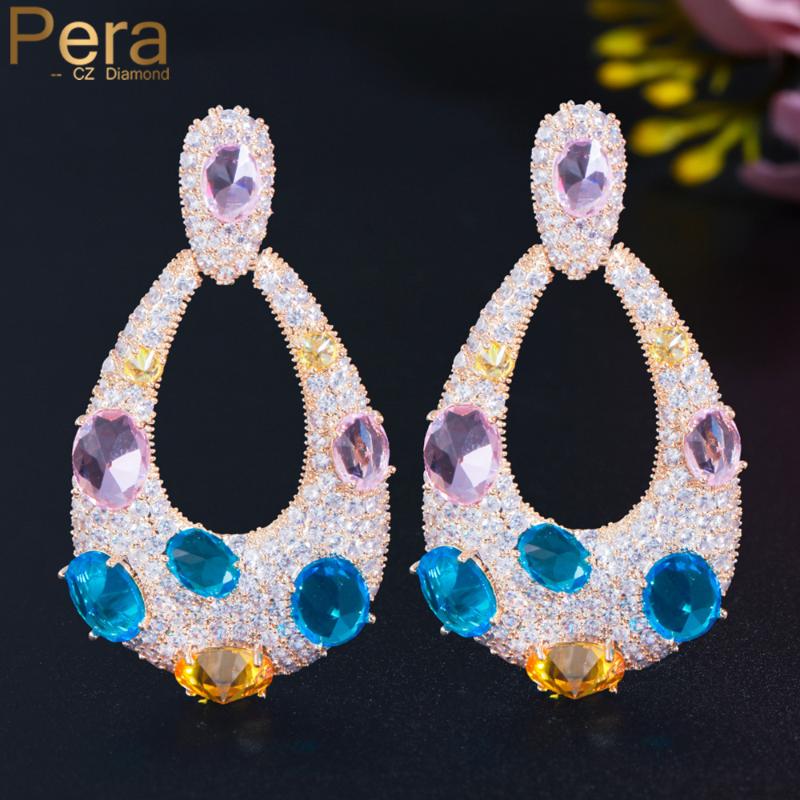 

Dangle & Chandelier Pera Stunning Pink Blue Yellow CZ Gold Plated Long Big Water Drop Crystal Earrings For Women Beach Boho Jewelry E695, Silver