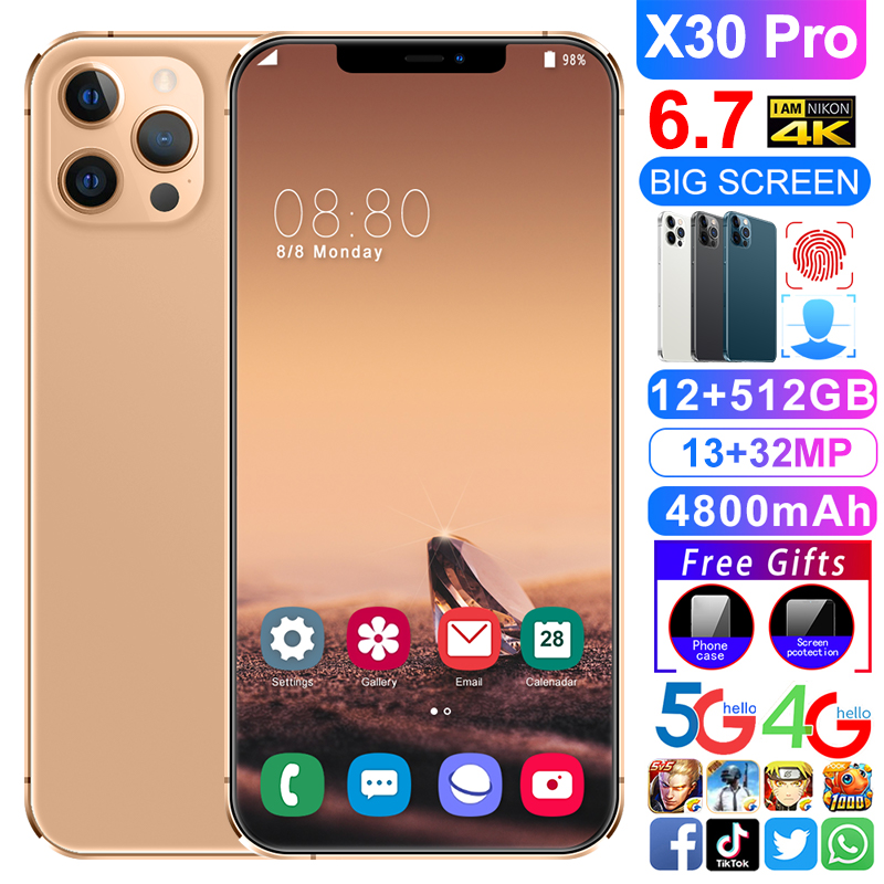 

2021 Original Smartphone Mobile Phone X30PRO 6.7 Inch 10 Core 5800mAh Unlock Global Version 4G 5G Android 10.0 24MP+48MP 12GB+512GB Celulares CELLPHONE Smart Telephone, Black