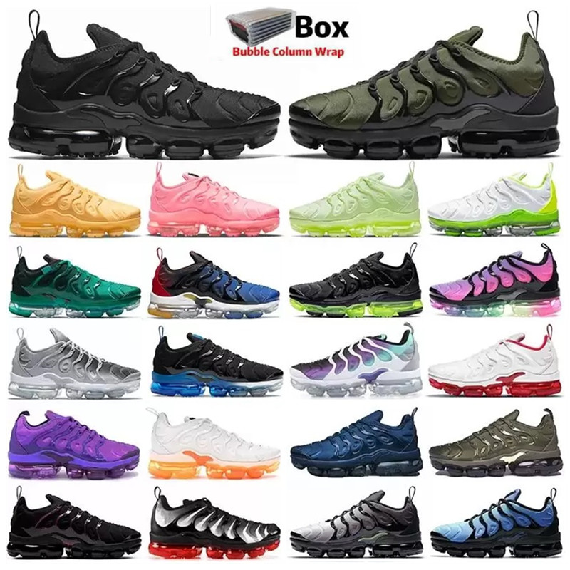 

TN Plus Running Shoes Men Knicks Black Bubblegum Yolk Cherry All Red Cool Grey Neon Olive Pure Platinum USA Dark Blue Men Women Outdoor Sports Trainers Sneakers 36-47, Box