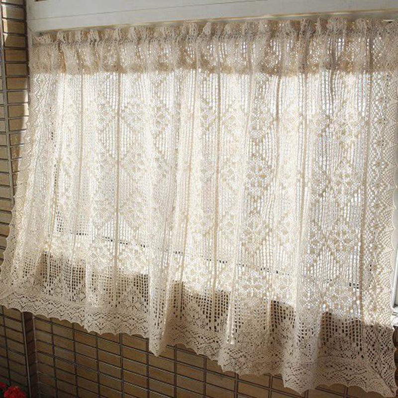 

American Country Hollow Crochet Small Curtain Kitchen Half Curtain Cotton Linen Cafe Door Cupboard Head AD664E, Beige