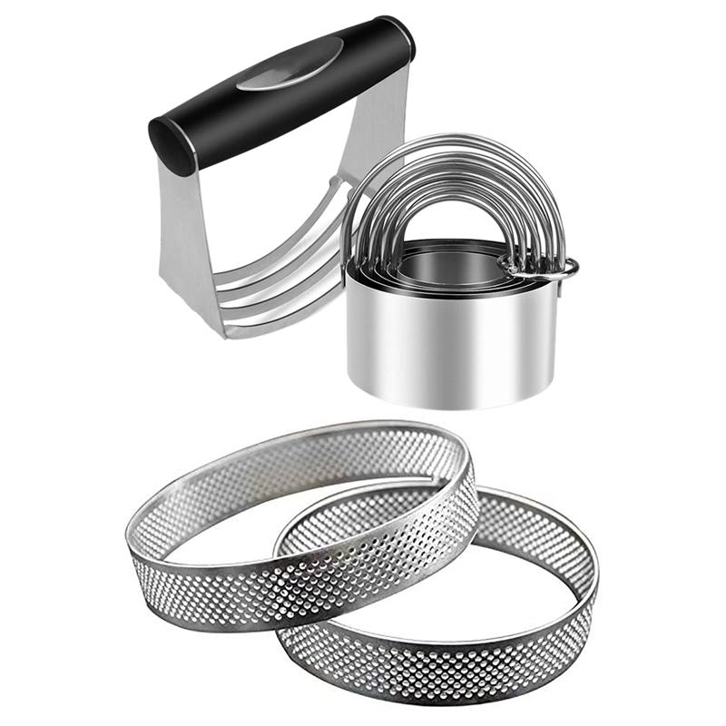 

6 Pcs Round Biscuit Cutter with Handle, Dough Blender & 4 Pcs Mousse Ring Bottom Tower Pie Cake Mould Baking Tools