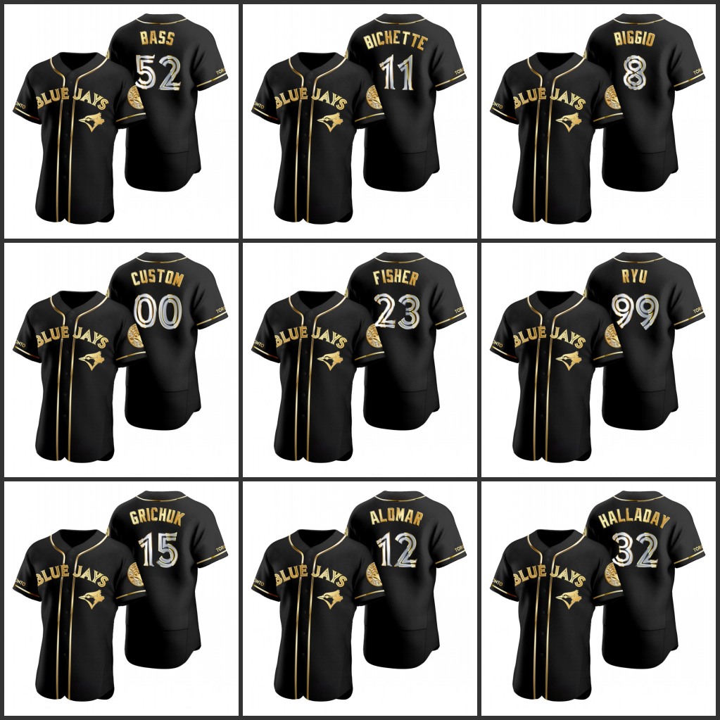 

Toronto BlueJays Baseball Jersey 99 Hyun-Jin Ryu 27 Vladimir Guerrero Jr. 12 Roberto Alomar 15 Randal Grichuk Black Gold Edition