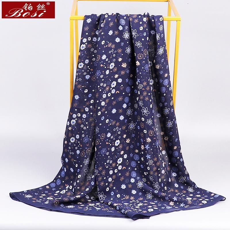 

Scarves BOSI Chiffon Scarf Woman Satin Long Flower Winter Small Print Beach Ladies Head Stoles Spring Hijab, Blue;gray
