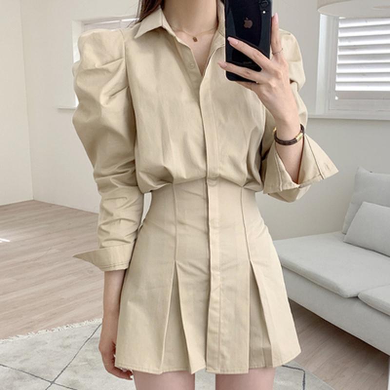 

Casual Dresses Vestidos Mujer Autumn All-match Khaki Lapel Single-breasted Pleated Long-sleeved Shirt Dress Mini Robe Loose White Black, Black;gray