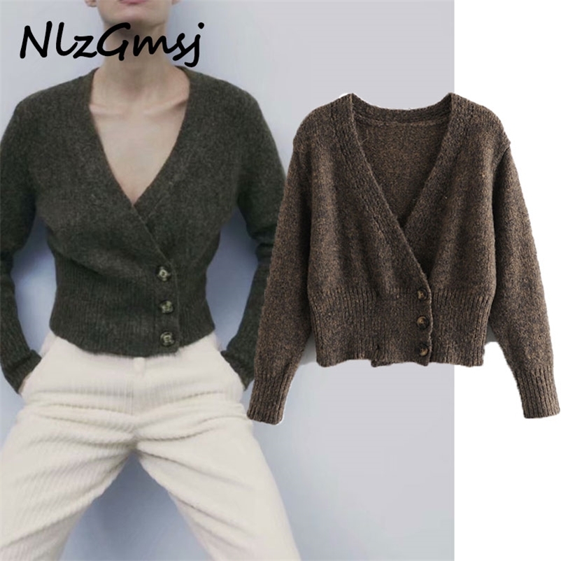 

Sweater Women Fashion With Button Cropped Knitted Cardigan Vintage Long Sleeve Female Outerwear Chic Top 210628, As picture