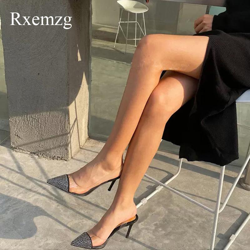 

Rxemzg Elegant Women High Heels Sandals Pointed Toe Rhinestone Crystal Shoes Back Strap Transparent Slides Party Wedding Pumps, Black
