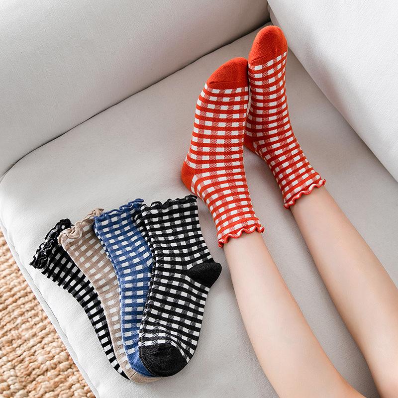 

Socks & Hosiery Autumn/Winter 2021 Product: Ladies With Wooden Ear Edge And Small Check Middle Stockings In British Preppy Style 5Pairs/Pack, Black;white