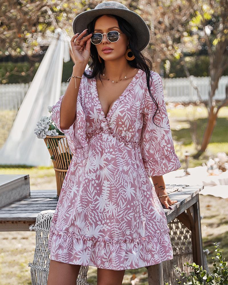 

Plus Size Dresses Summer Women Sexy Deep V-Neck Backless Half Sleeve Dress For 2021 Print Ruffle Short High Waist Ladies Vestido, Black