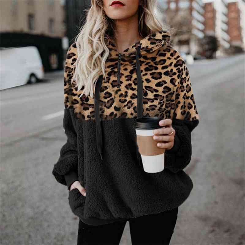 

Fall and winter 2020 Sexy Leopard zipper pocket blouse Plush sweater, Black