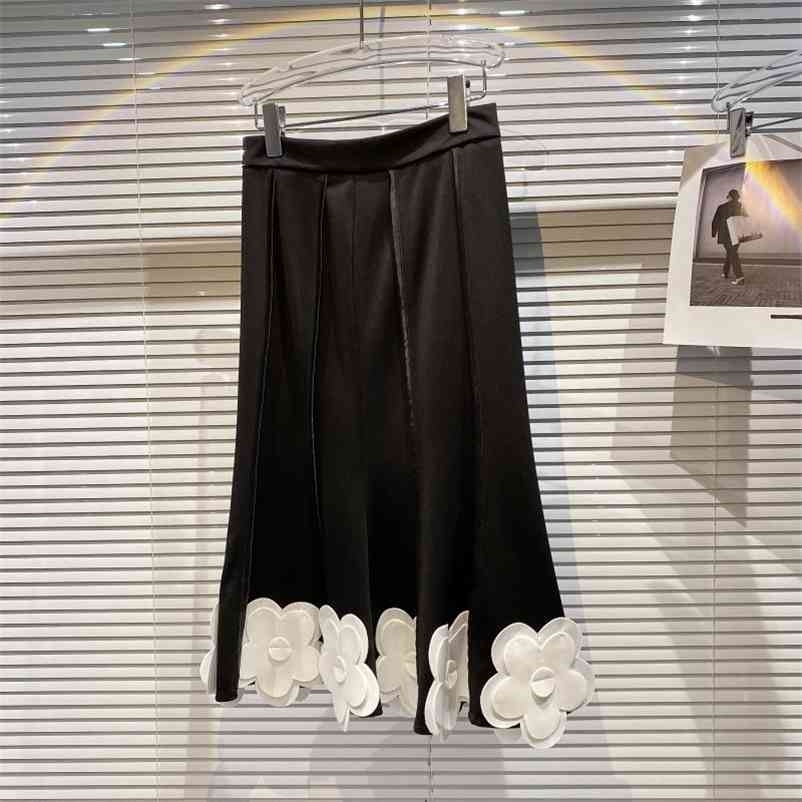 

Women Vintage Black Big Flower Midi Buttocks Skirt Mid Waist Slim Fashion Spring Summer 11B662 210525