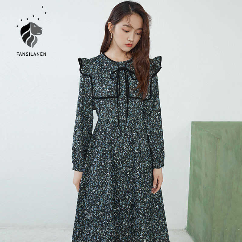 

FANSILANEN Corduroy ruffle floral print long dress Women detachable collar green vintage Autumn winter elegant party 210607