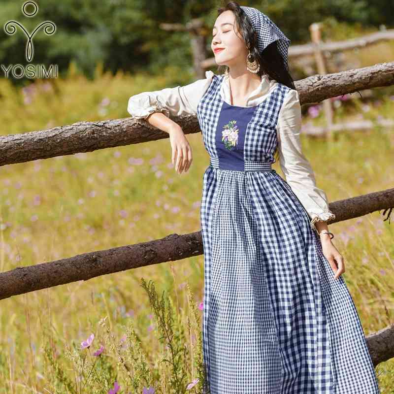 

YOSIMI Spring Summer Maxi Cotton Long Women Dress Vintage O-neck Prairie Chic Piaid Full Sleeve Ankle-length 210604, Blue