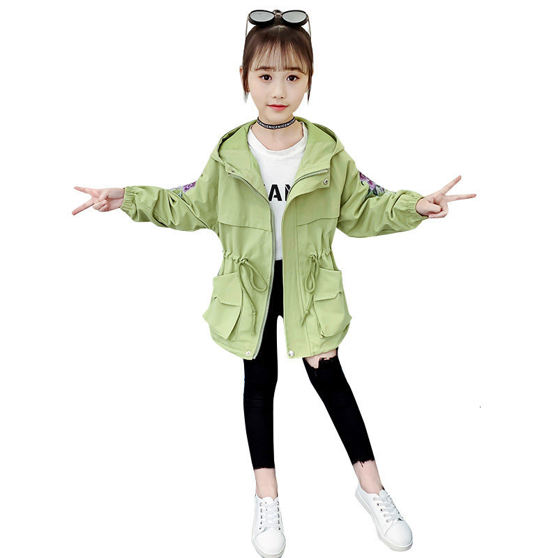 

2021 New Girl-embroidered Blouse for Spring Coats Baby Girls Outerwear Flower with Hoodie Trench Children Clothes Xngr, Blue;gray