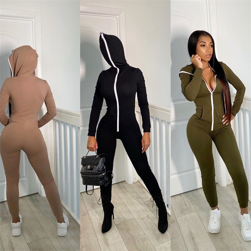 

Zipper Hooded Tracksuits Fitness Casual Sporty Rompers Womens Jumpsuit Long Sleeve Autumn Fashion Workout Solid One Piece Outfits 011911, Pink