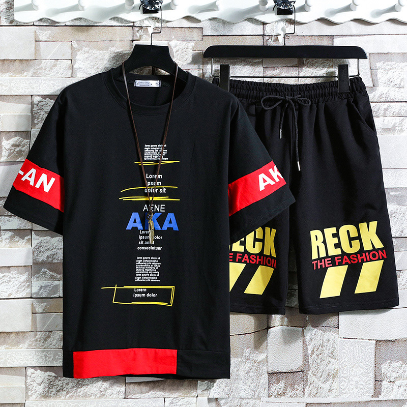 

2021 Printed Summer New Fashion Shorts Casual Suits Sportswear Mens Man Sets Pants Male Sweatshirt Men Brand Clothing 1bip, Black