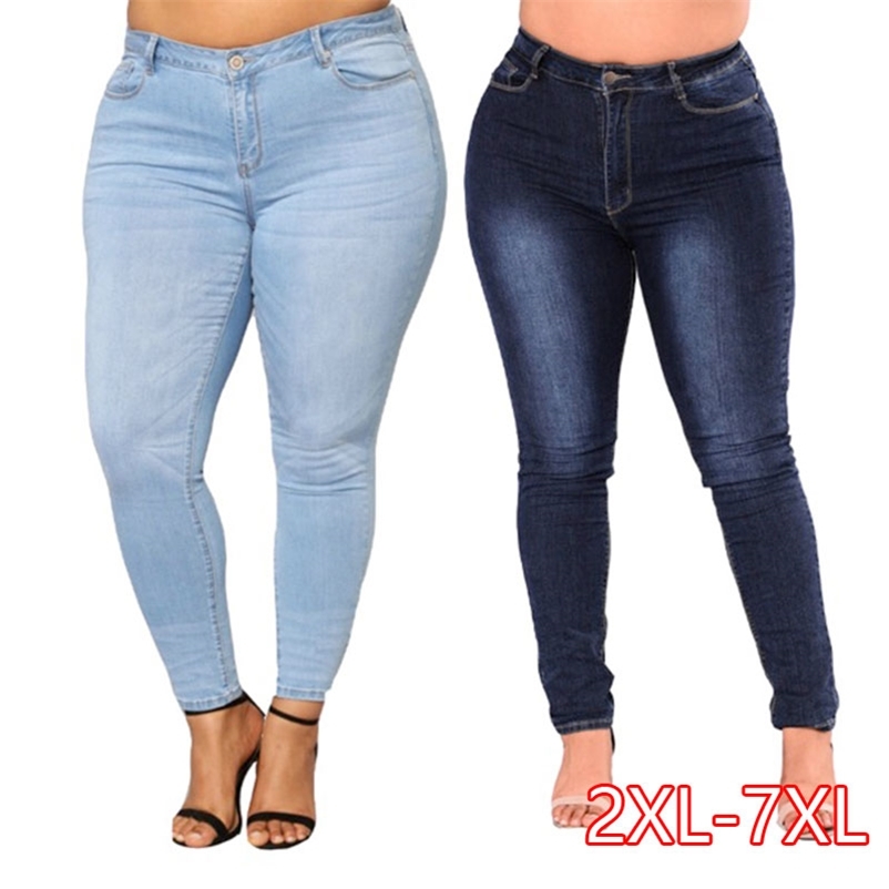 

PLUS SIZE Jean High Waist waisted Skinny Pencil Blue Denim Pant Stretch solid elastic 4XL 5XL 6XL 7XL 210629, Dark blue
