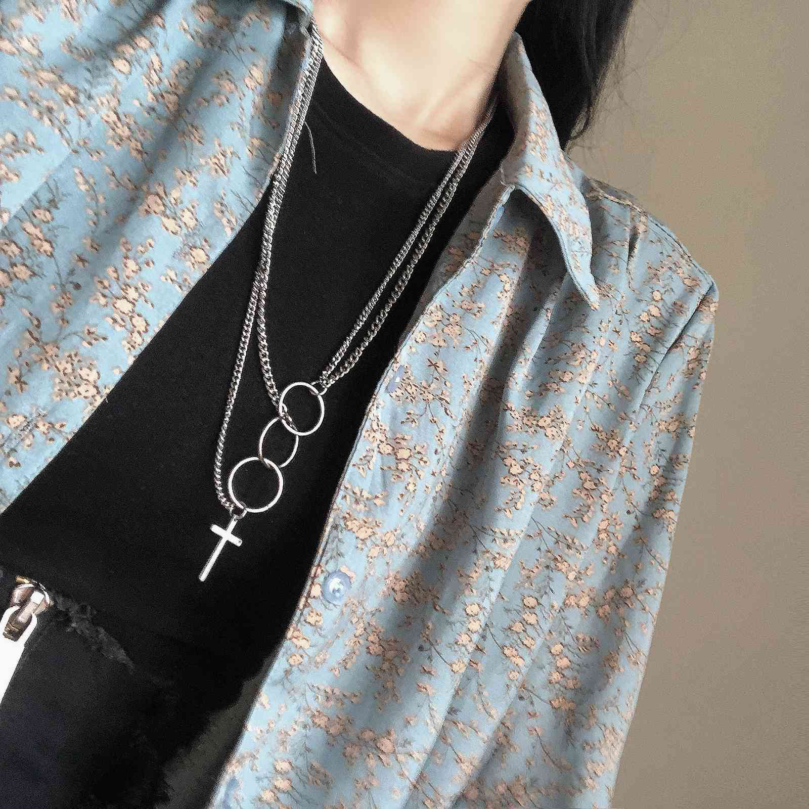 

Fashion Men and Women Harajuku Hip Hop Cross Titanium Steel Pendant Combination Multi-level Circle Necklace