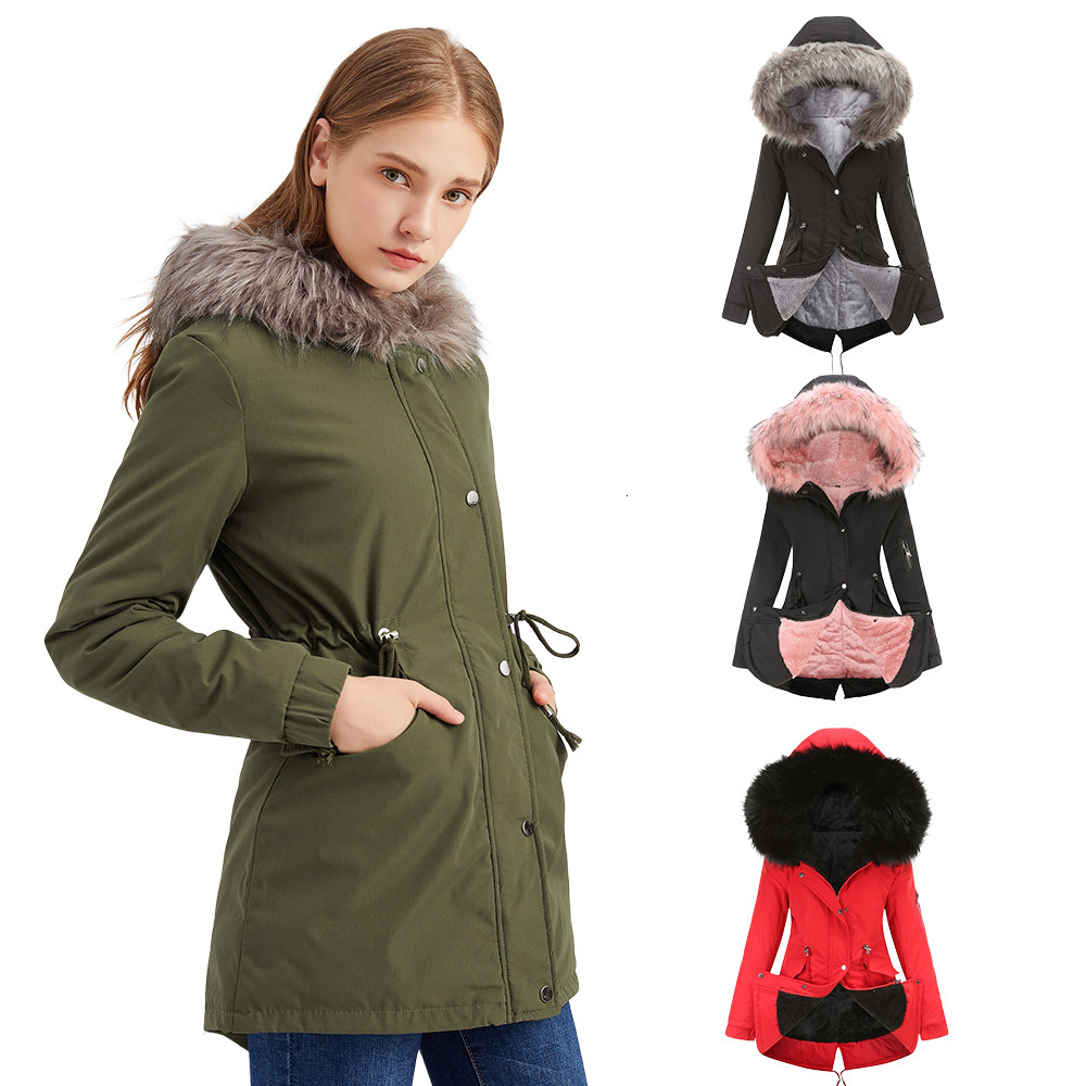 

2021 Winter and Autumn Warm Fur Collar Women's Medium Long Hooded with Veet Coat Thick Cotton Zt1n, Black