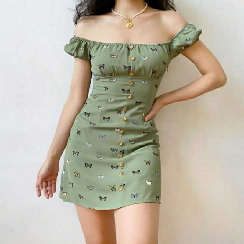 

Floral Print Puff Short Sleeve Women Dress High Split Party Mini es Elegant Lace Up Sweet Summer Club Sexy 210601, Photo color