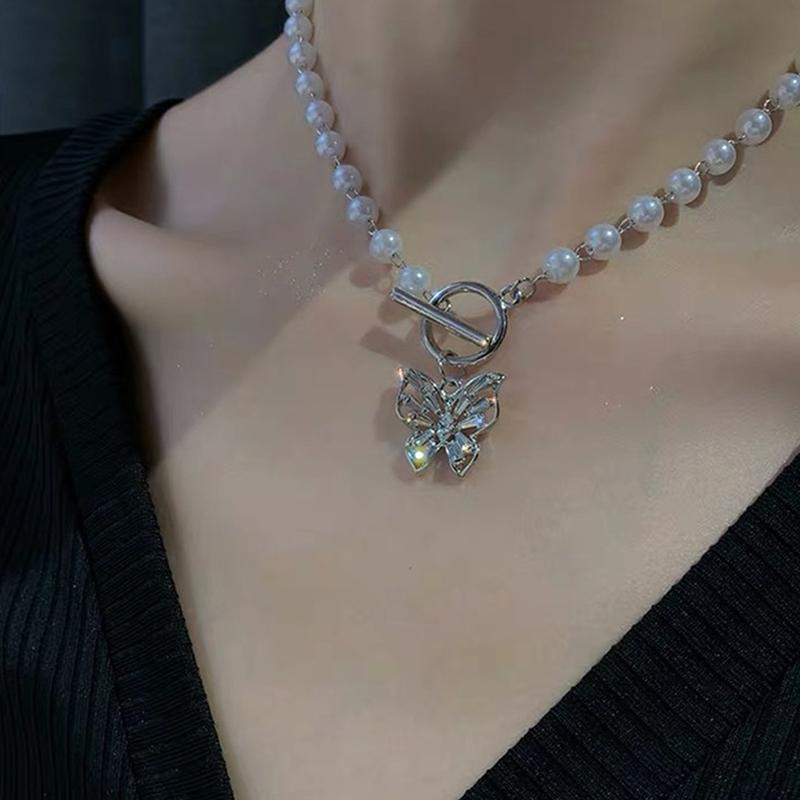 Pendant Necklaces Imitation Pearl Choker Necklace Sweet Rhinestone Crystal Butterfly For Women Girl Gift-image-711305602