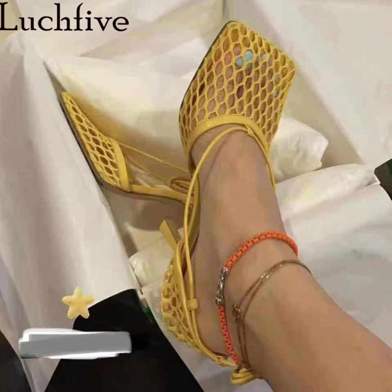 

New Fishnet hollow High Heel Sandals Women Square Toe Lace Ankle Strap 2021 Summer Sexy Party Shoes Mujer, Green