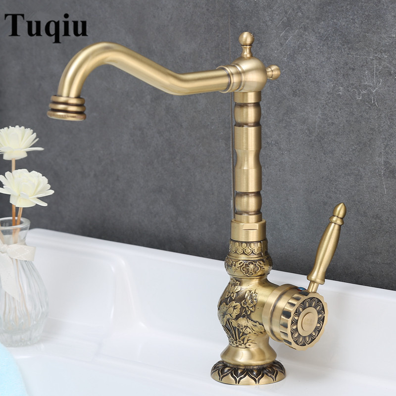 

2021 New Basin Antique Brass Sink Carved Bathroom Faucet Copper Rotate Single Handle Hot & Cold Water Mixer Tap Crane Bayh
