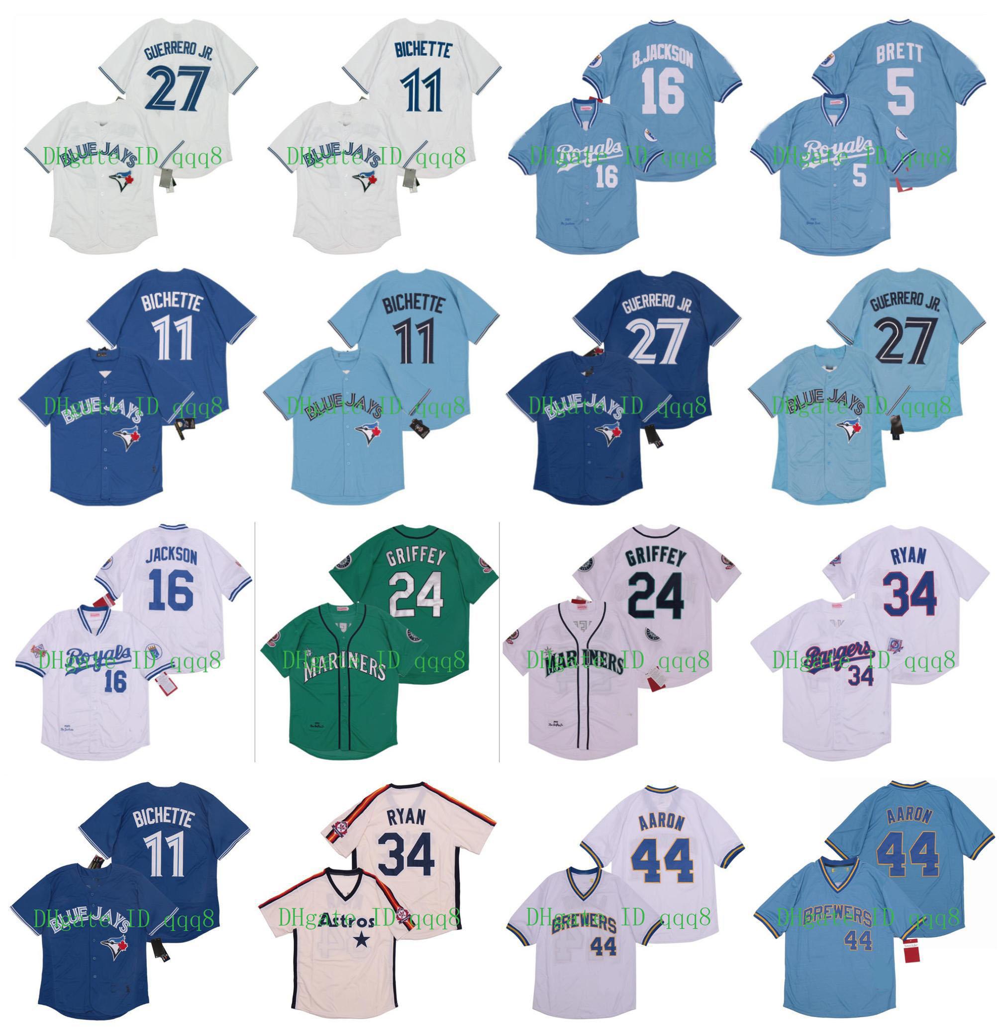 

Vintage 16 Bo Jackson Jersey 5 George Brett 11 Bo Bichette 44 Hank Aaron Vladimir Guerrero Jr. Ken Griffey Jr 34 Nolan Ryan Retro Baseball, Blue;black