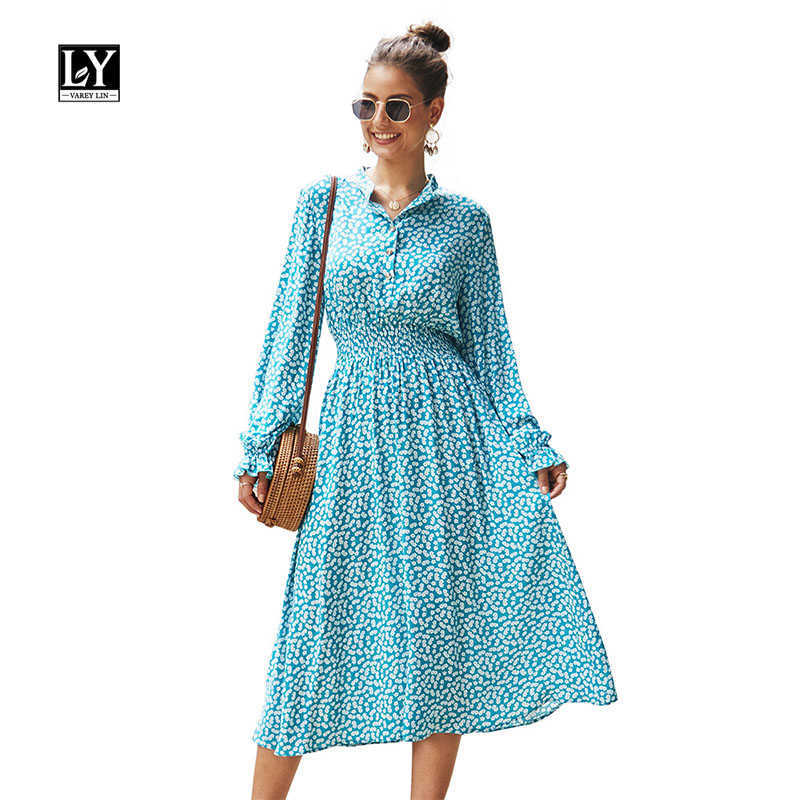 

LY VAREY LIN Summer Autumn Floral Print Dress Single Breasted Turn Down Collar Long Sleeve Loose Beach Holiday Dresses 210526, Blue