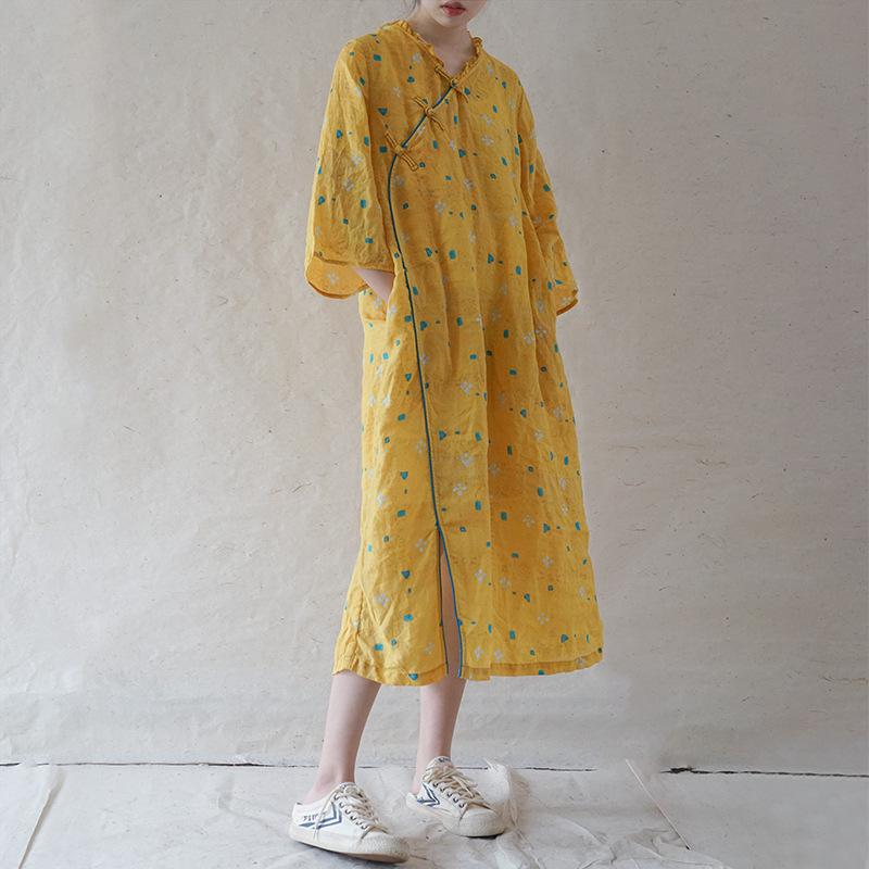 

Casual Dresses QPFJQD Ladies Chinese Style Ramie Yellow V-Neck 2021 Summer Autumn Women Print Floral A-Line Female Cheongsam