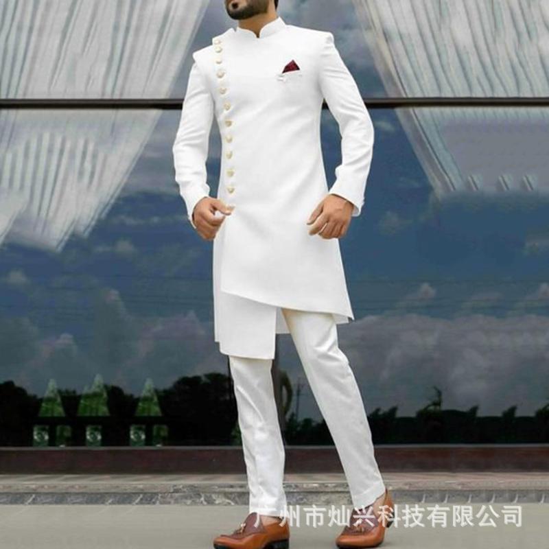 

Ethnic Clothing 2021 Classic African White Long Blazer Groom Tuxedo Groomsman High Quality Men's Wedding Dress Prom Male Business Suits