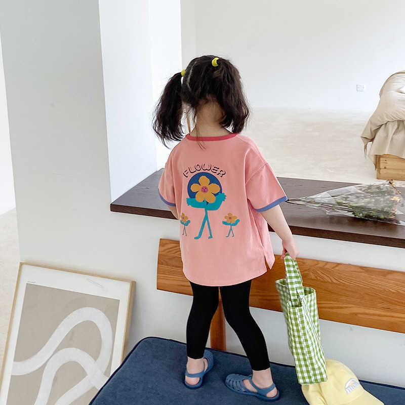 

Baby girls summer contrast color short sleeve T shirts fashion kids children cotton back floral loose Tees 210615, White