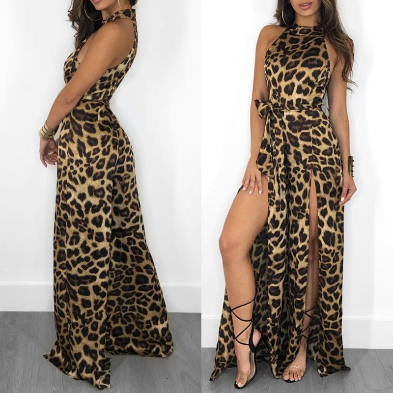 

Women' Jumpsuits & Rompers High Side Split Wide Leg Long Romper Off The Shoulder O Neck Sleeveless Sexy Leopard Print Sashes Party MC5582, Gold