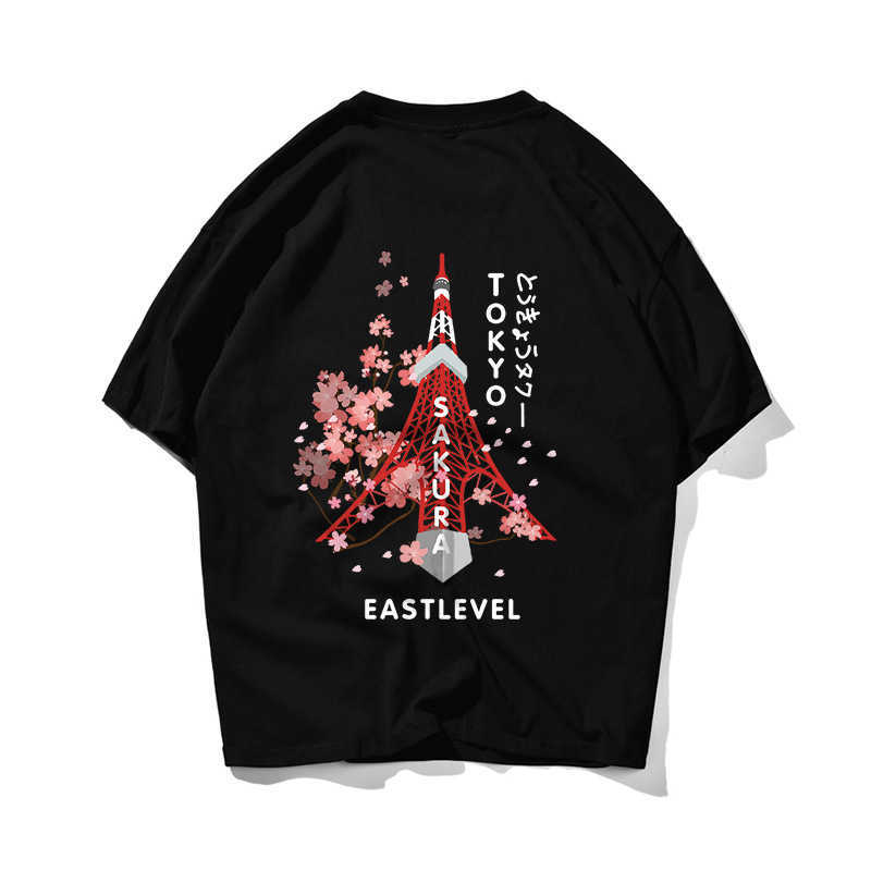 

Sakura Hip Hop Oversize T Shirt Men Streetwear Flower Japan Harajuku Tshirt Short Sleeve Cotton Loose HipHop T-Shirt Couple 210603, Black