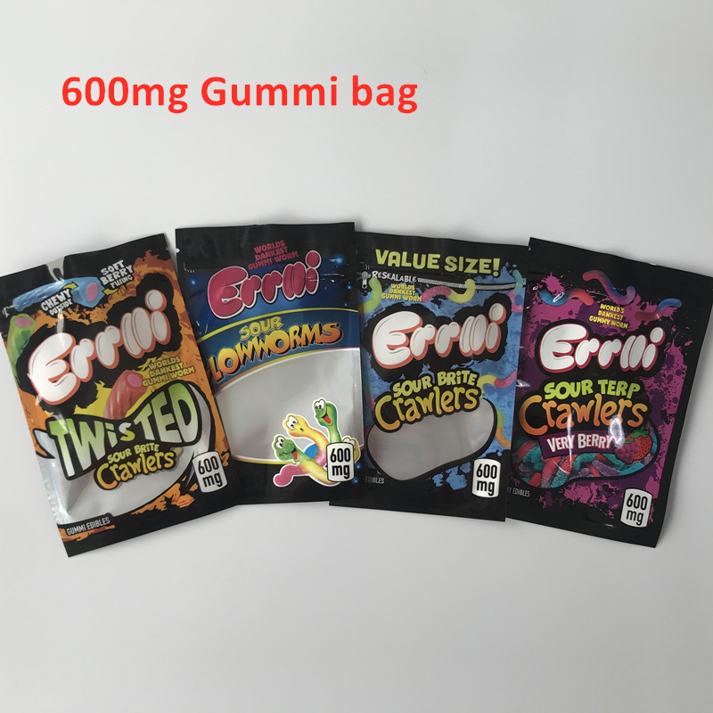 

Errlli Gummies 600mg Edibles packaging Bags Smell Proof Mylar Sour terp Crawlers TWISTED Brite GLOWWORMS