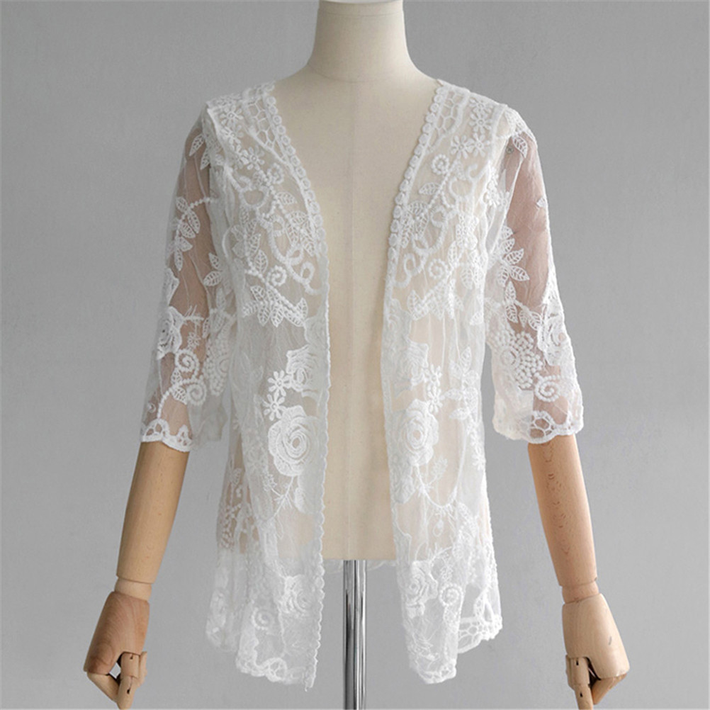 

Design Women Sexy Floral Loose Shawl Kimono Cardigan Boho Lace Tops Jacket Blouse Tops, Beige