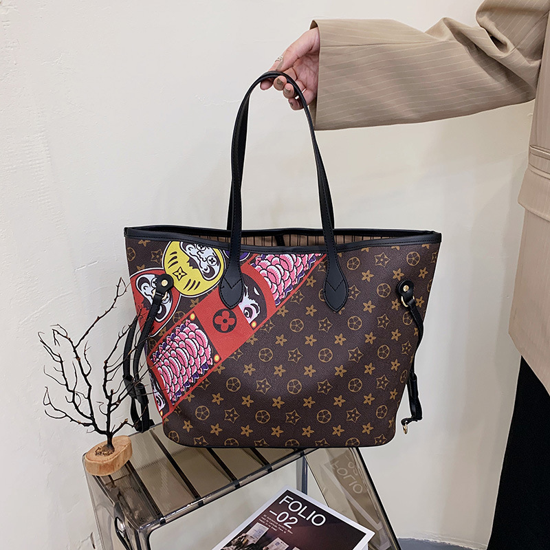 

2021 autumn winter new fashion versatile large capacity shoulder women's tote bag old flower print graffiti bag