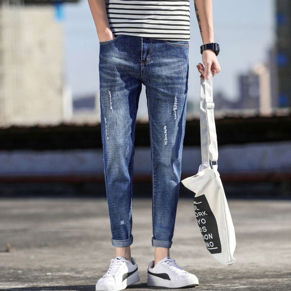 

Jeans men's 2021 new Korean brand Capris fashion worn out leisure youth pants, Blue