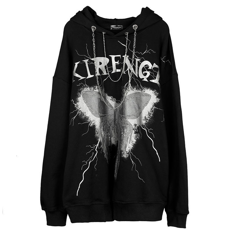 

2021 New Black Gothic Streetwear Cool Tops with Iron Chain Male Harajuku Sweatshirts Korean Hoody Fashions Oversized Hoodie Wq8m