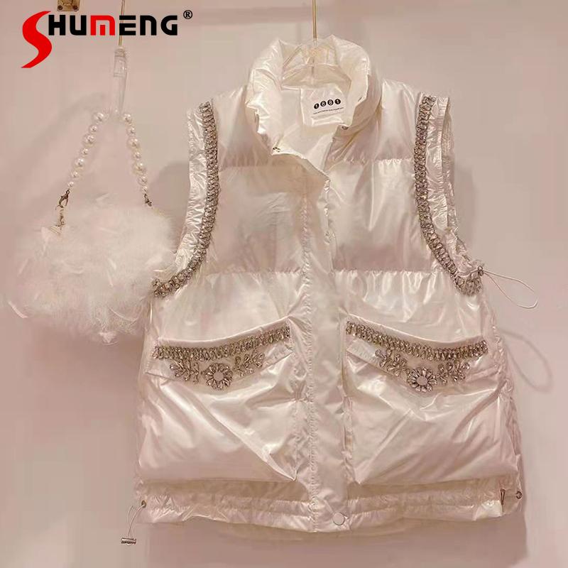 

Women's Vests Sweet Pink Rhinestone Zipper Down Cotton Thickened Veste Jacket 2021 Winter Korean Loose Slimming Vest Coats Trendy, Black;white