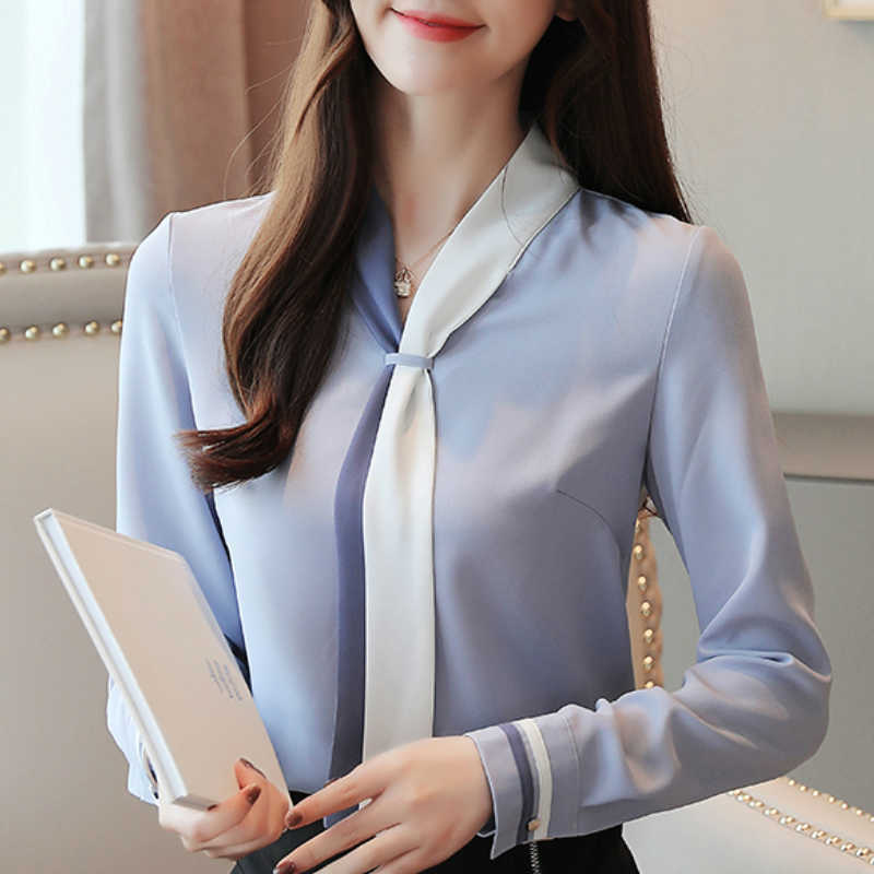 

Fashion Blouses Woman Bow V-neck Office Ladies Tops Chiffon Blouse Long Sleeve Women Shirts Womens Tops And Blouses B988 210602, Blue