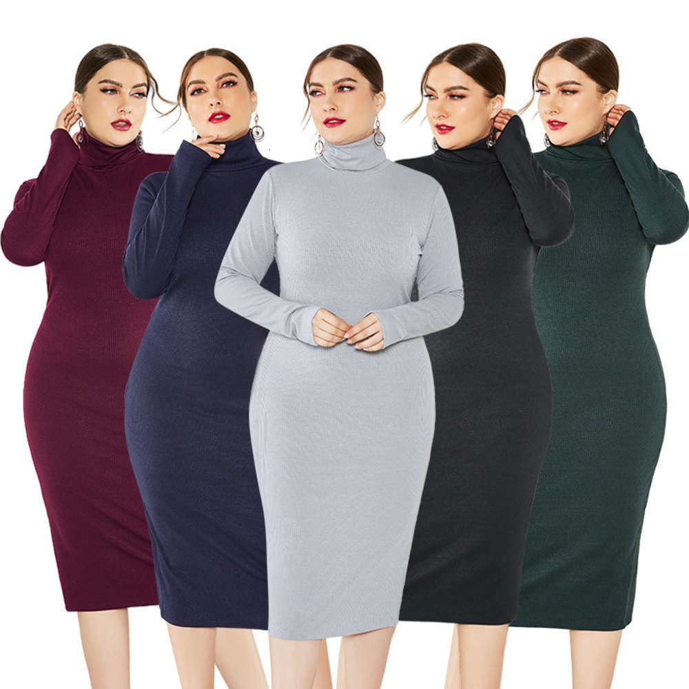 

Autumn and winter women's fashion solid color bottomed skirt long sleeve stretch slim fitting turtleneck sweater knitted dress, Wine